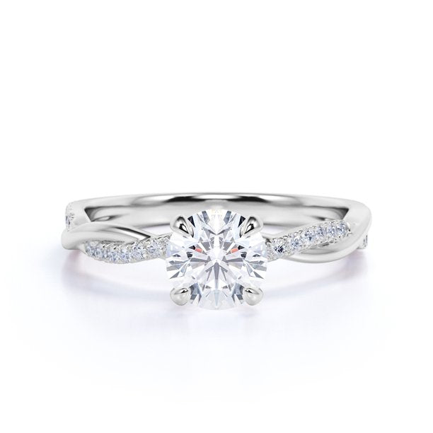 JeenMata Cathedral Prong 1 Carat Round Shaped Moissanite Half Pave Infinity Twisted Shank Engagement Ring In 18K White Gold Plating Over Silver