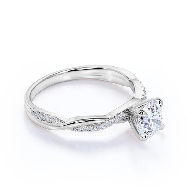 JeenMata Cathedral Prong 1 Carat Round Shaped Moissanite Half Pave Infinity Twisted Shank Engagement Ring In 18K White Gold Plating Over Silver