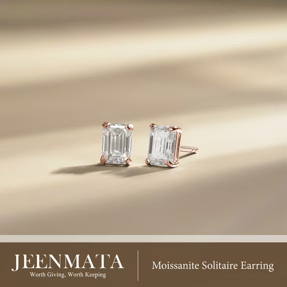 JeenMata Minimalist 2 Carat Emerald Cut Moissanite Solitaire Stud Earrings in 18k Rose Gold Plating for Women