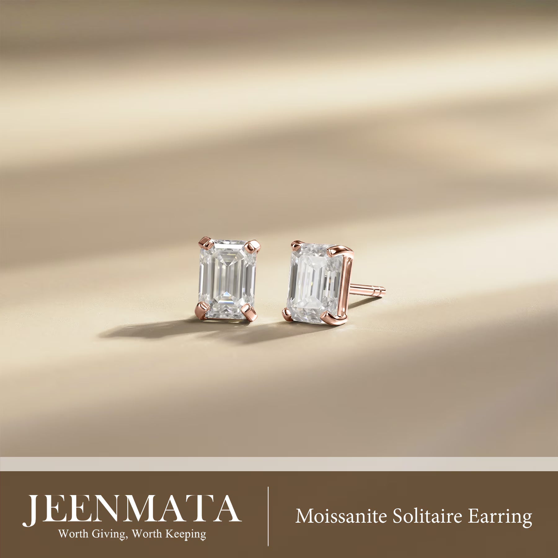 JeenMata Minimalist 0.5 Carat Emerald Cut Moissanite Solitaire Stud Earrings in 18k Rose Gold Plating for Women