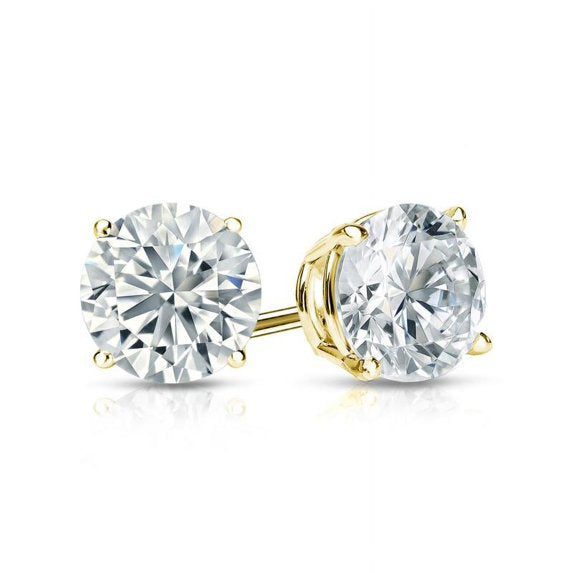 JeenMata 2 Carat Round Shaped Moissanite Solitaire Stud Earrings - 4 Prong - In 18K Yellow Gold Plating Over Silver