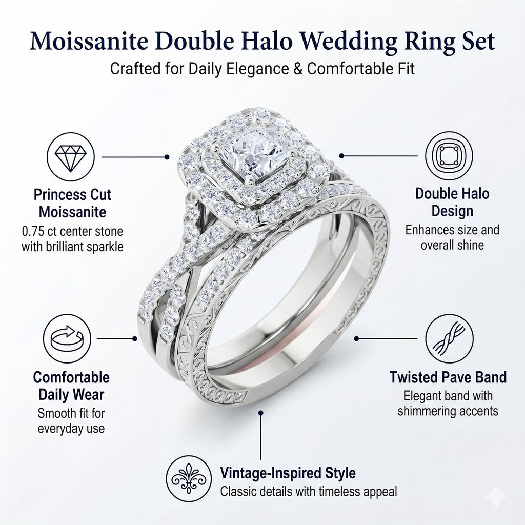 JeenMata 1.25 Carat Square Moissanite Engagement Ring for Women, Double Halo Bridal Wedding Ring Set with Twisted Band in 18K White Gold Plated