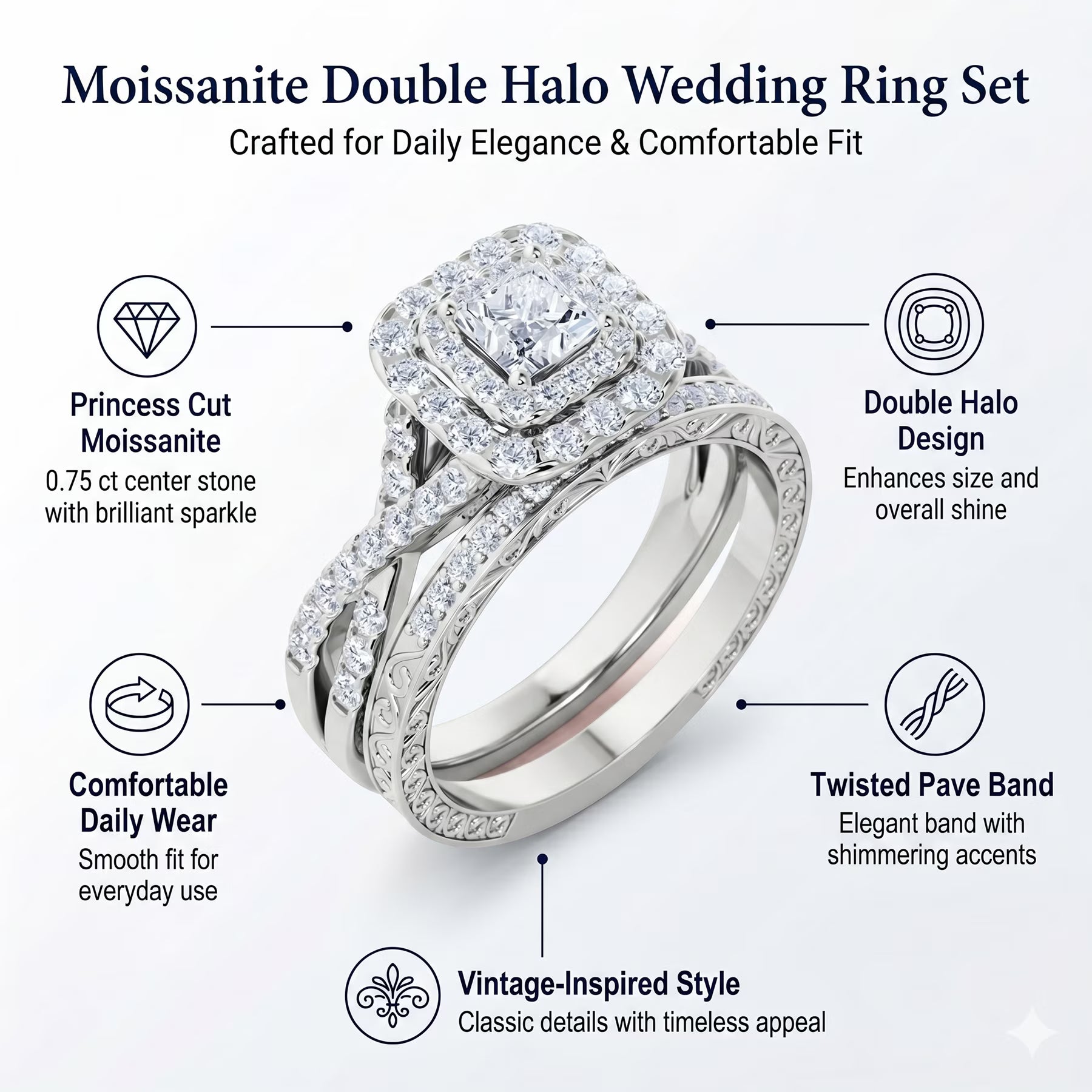 JeenMata 1.25 Carat Square Moissanite Engagement Ring for Women, Double Halo Bridal Wedding Ring Set with Twisted Band in 18K White Gold Plated
