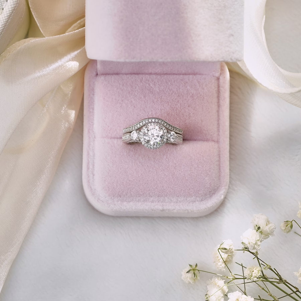 JeenMata 2 Carat Moissanite Wedding Ring Set - Round Cut Vintage Design Halo Bridal Set in 18K White Gold Plating for Women