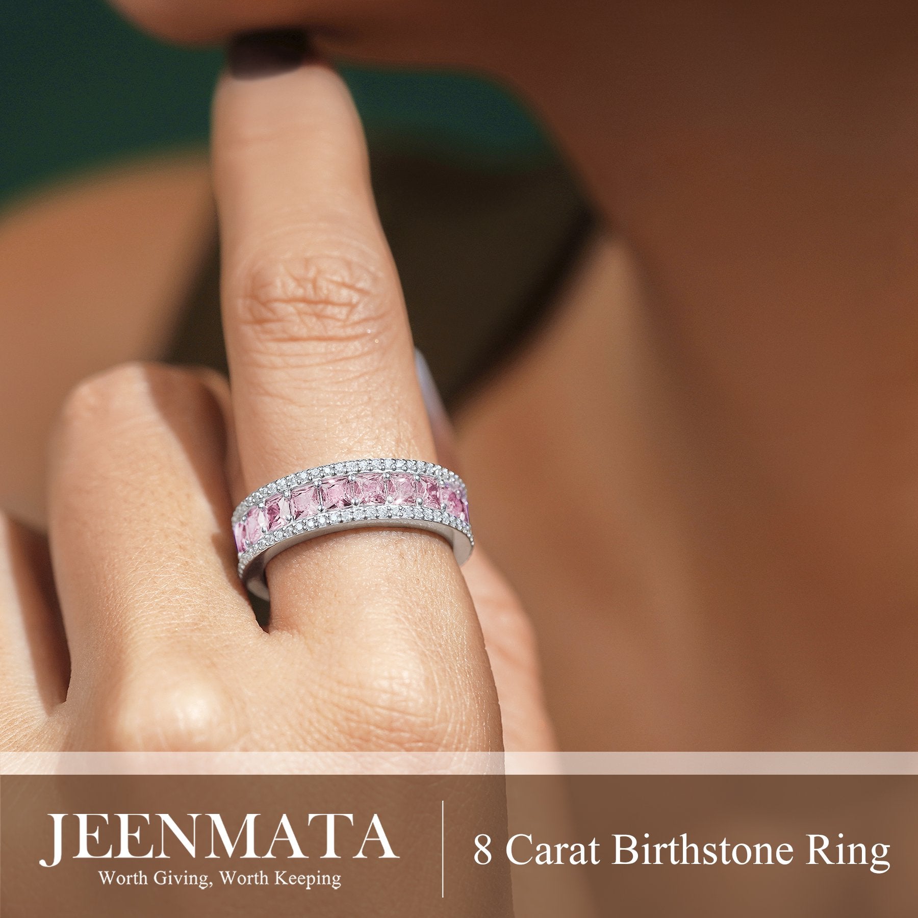 JeenMata 8 Carat Princess Cut - October Birthstone Eternity Ring in 18K White Gold Plating for Women - Stackable Wedding Anniversary Promise Band with Pink Tourmaline Cubic Zirconia