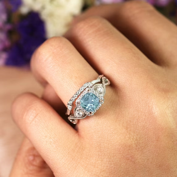 JeenMata Filigree 1.75 Carat Princess Cut Created Aquamarine and Moissanite Wedding Ring Set in 18k White Gold Plating for Women