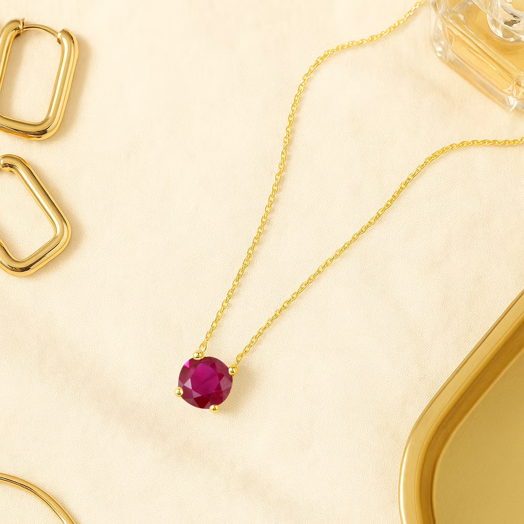 JeenMata 1.75 Carat Ruby - July Birthstone Solitaire Pendant Necklace in 18K Yellow Gold Plated, Female, Adult