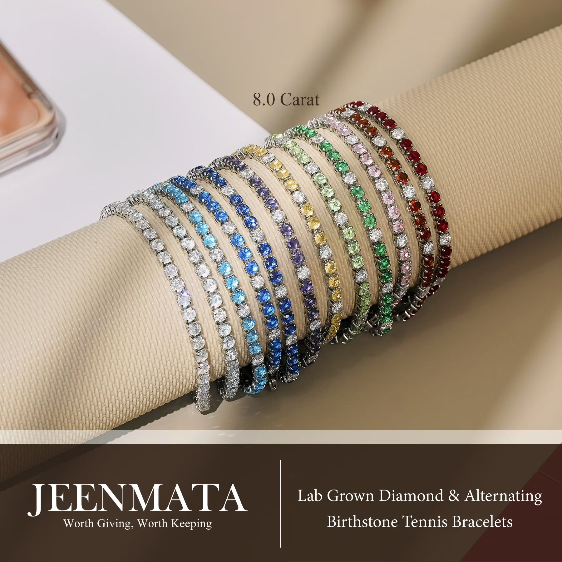 JeenMata 8 Carat Lab Grown Diamond & Garnet Alternating Birthstone Tennis Bracelets - 18K White Gold Plating for Women Eternity Design Bracelet