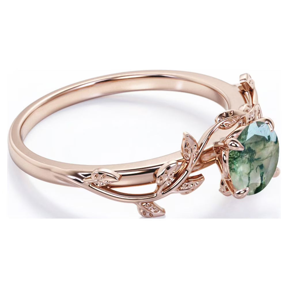 JeenMata Nature Inspired 0.50 Carat Natural Green Moss Agate Solitaire Engagement Ring - Forest Ring - 18K Rose Gold Plating for Women