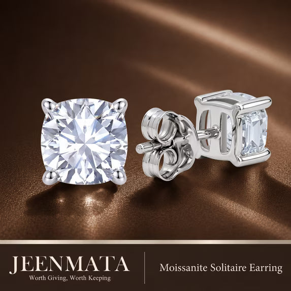 JeenMata 0.5 Carat Cushion Solitaire Moissanite Stud Earrings for Women, Earrings for Men, 18K White Gold Plated, Hypoallergenic Earrings, D VS1, Stud Earring for Woman, Jewelry, Gift, Earrings
