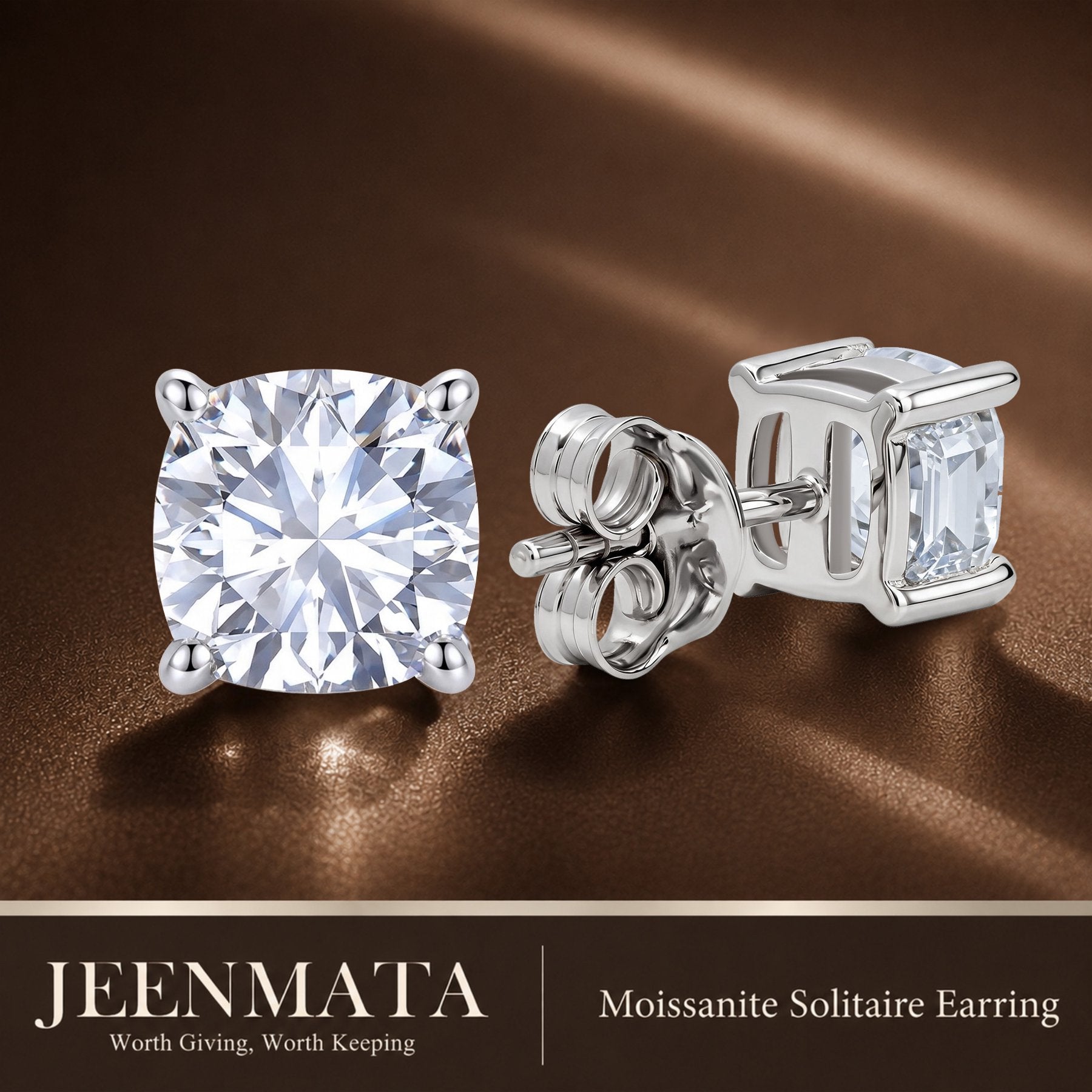 JeenMata 4 Carat Cushion Solitaire Moissanite Stud Earrings for Women, Earrings for Men, 18K White Gold Plated, Hypoallergenic Earrings, D VS1, Stud Earring for Woman, Jewelry, Gift, Earrings