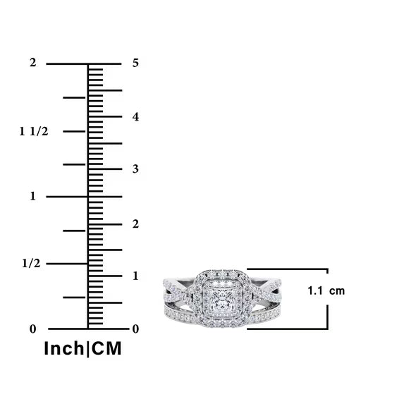 JeenMata Square Diamond - Double Halo - Twisted Band - Vintage Inspired - Pave - Wedding Ring Set in 10K Rose Gold