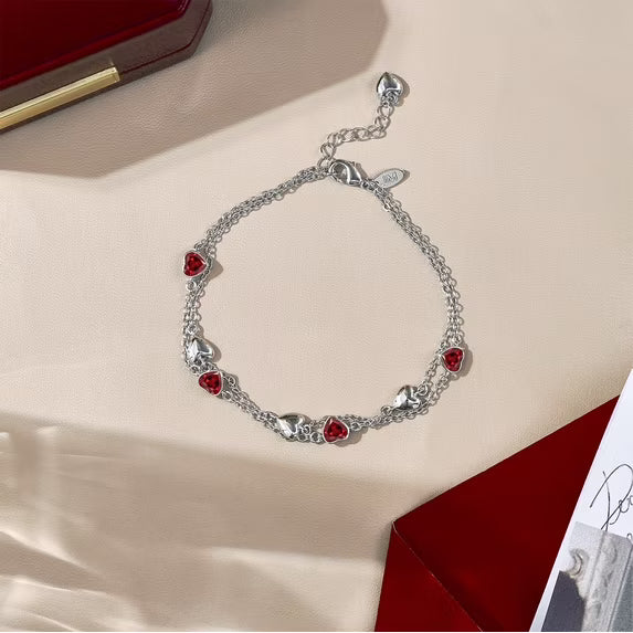 JeenMata 3 Carat January Birthstone Heart Bracelet - Double Heart Bracelet in 18K White Gold Plating for Women