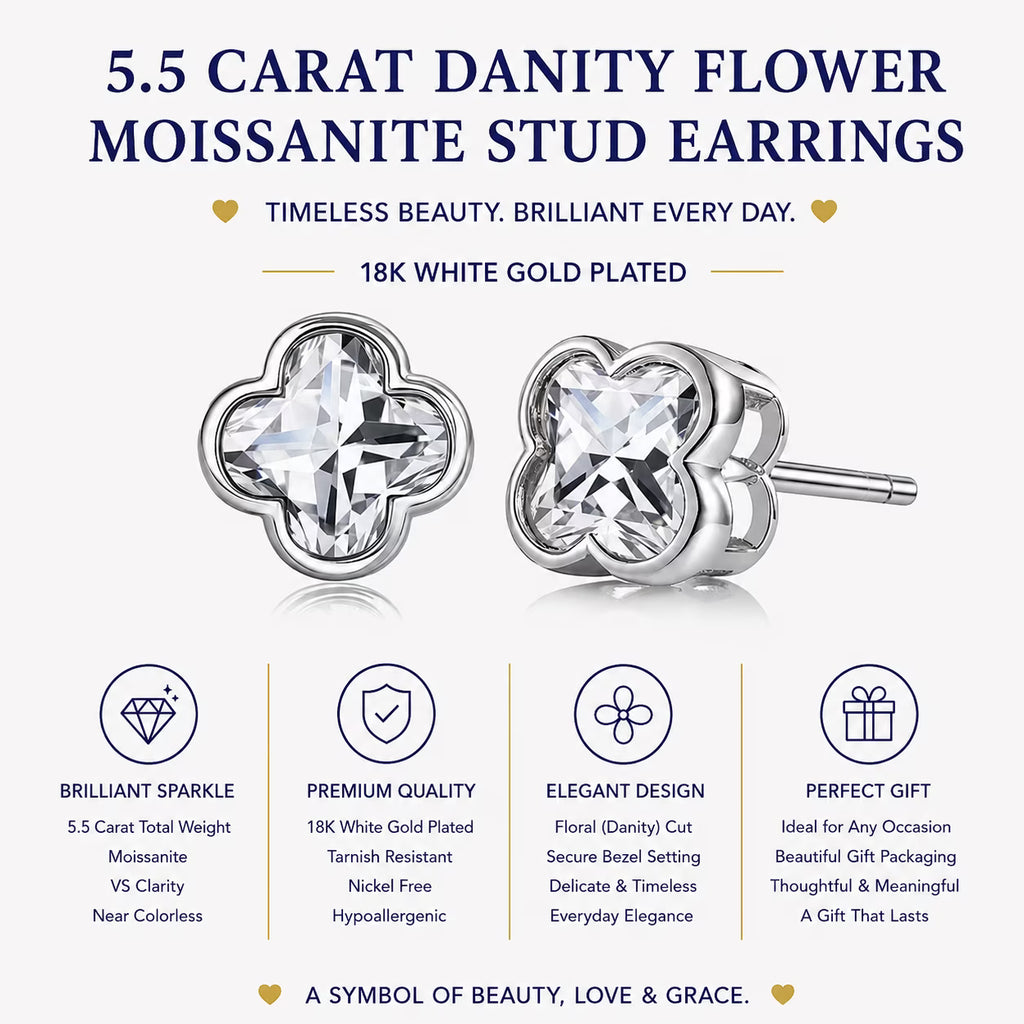 JeenMata 5.5 Carat Danity Flower Moissanite Stud - Floral Cut Earrings in 18K White Gold Plating for Women