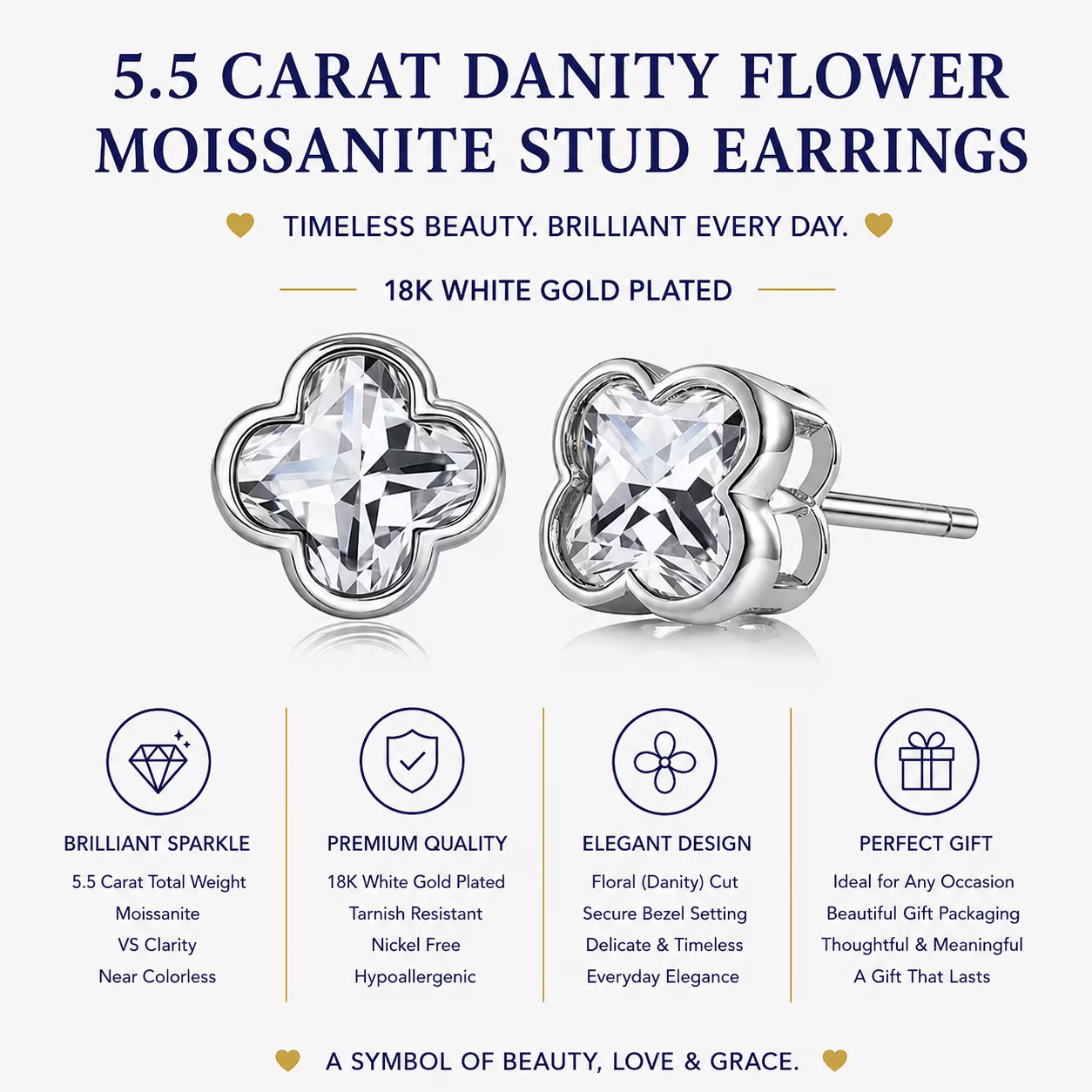 JeenMata 5.5 Carat Danity Flower Moissanite Stud - Floral Cut Earrings in 18K White Gold Plating for Women