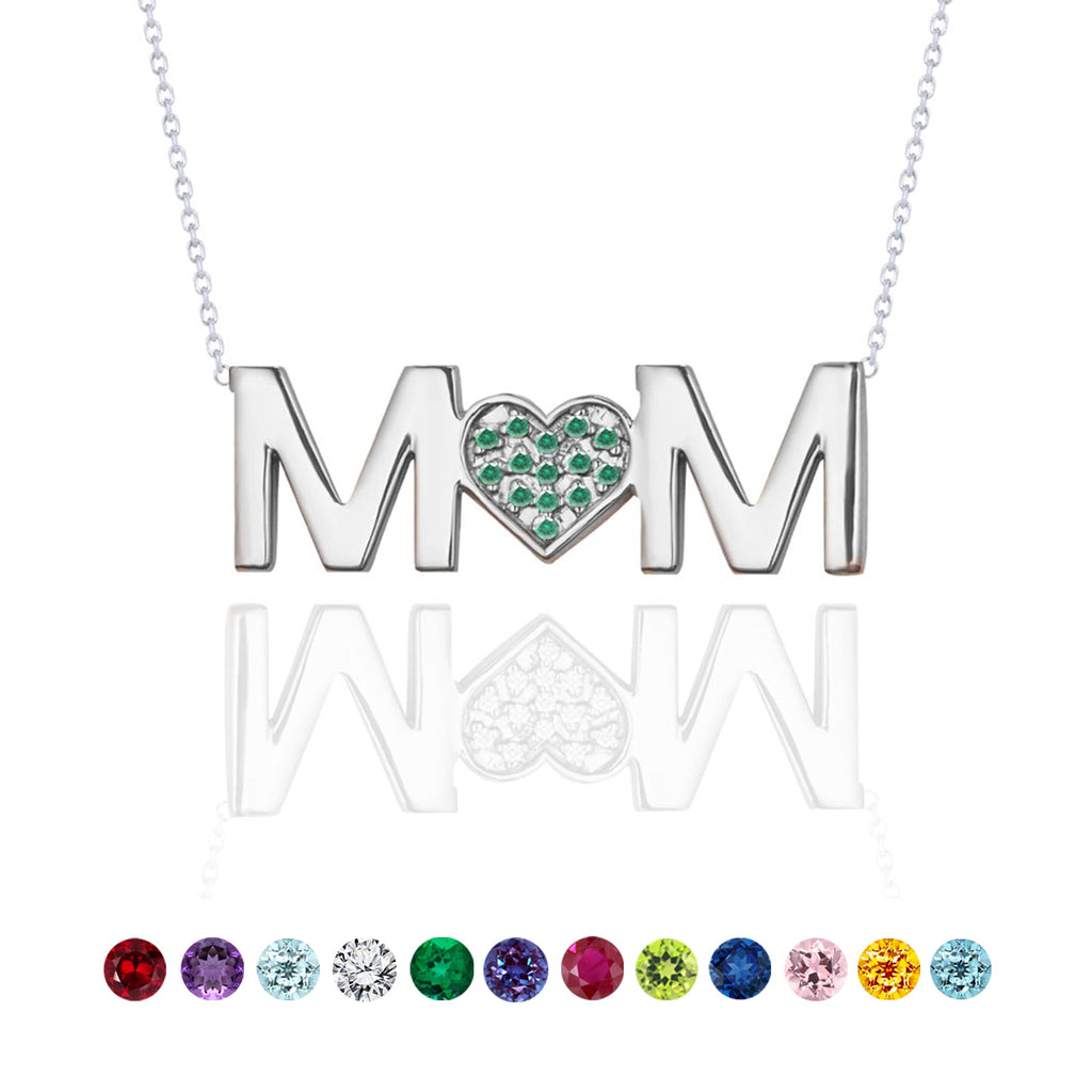 MOM Pendant Necklace - Dark Green Stone - May Birthstone in 18K White Gold over Sterling Silver