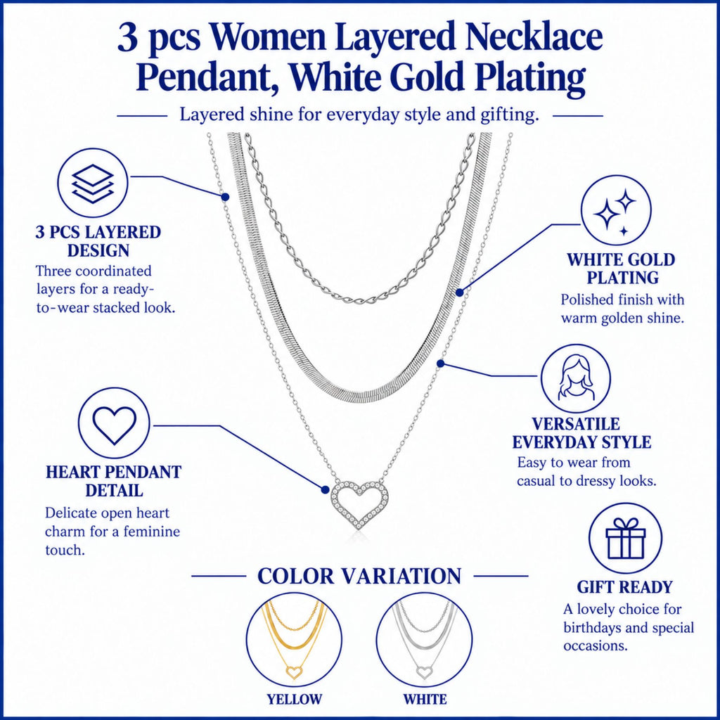 JeenMata Multipack 3 pc Women Layered Necklace Pendant, White Gold Plating, Gold Chain, Choker Necklace, Herringbone Layered Necklace Jewelry Gift
