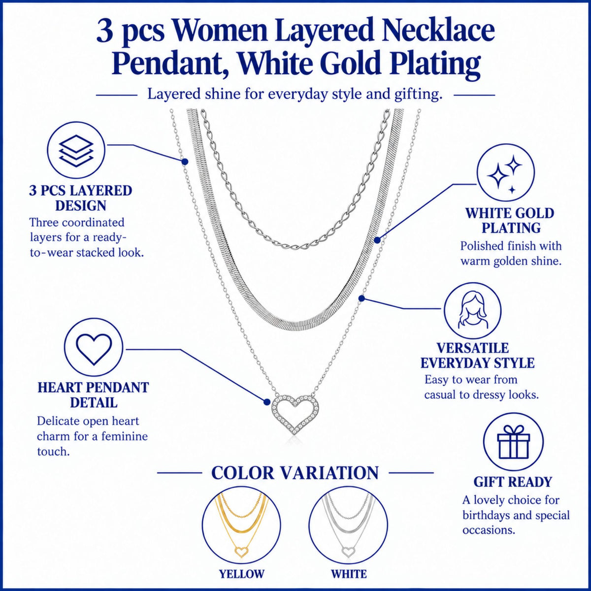 JeenMata Multipack 3 pc Women Layered Necklace Pendant, White Gold Plating, Gold Chain, Choker Necklace, Herringbone Layered Necklace Jewelry Gift
