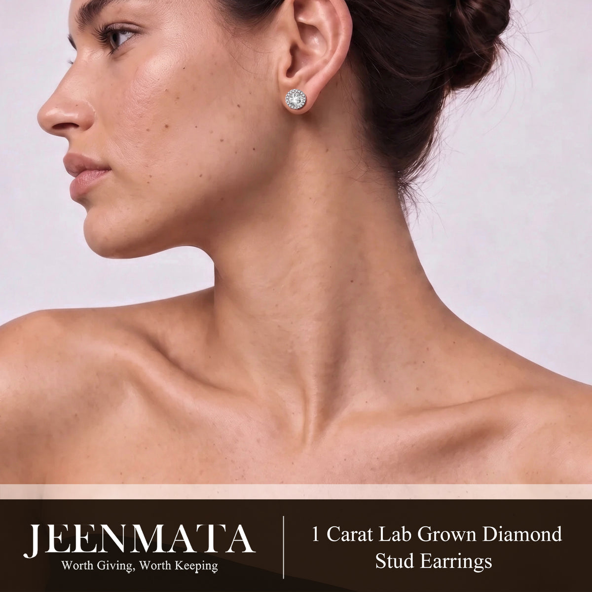 JeenMata Lab Grown Diamond 1 Carat Round Brilliant Cut Halo Stud Earrings in 18K White Gold Plating for Women