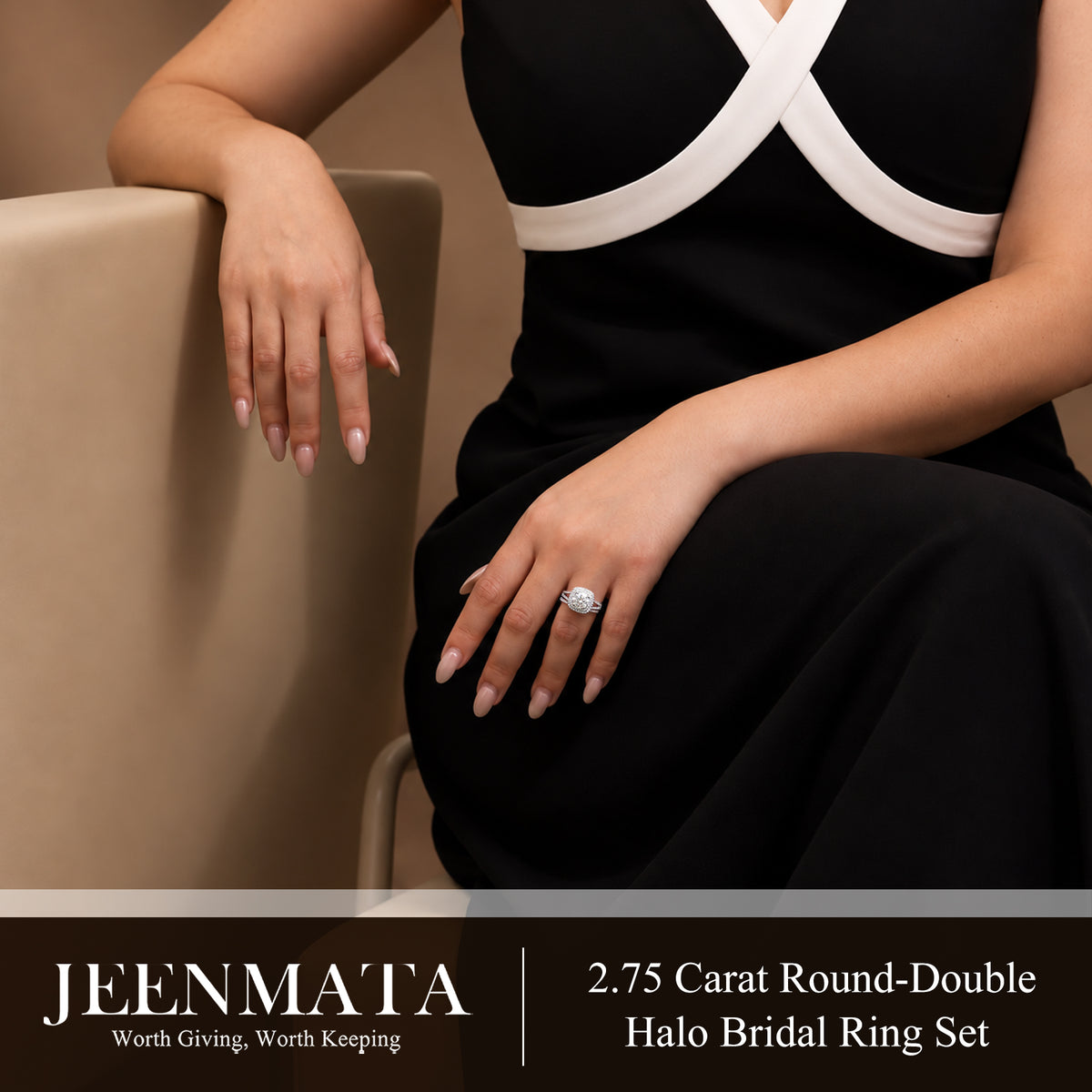 JeenMata 2.75 Carat Round Brilliant Cut Moissanite Double Halo Split Shank Engagement Ring Set in 18K White Gold Plated for Women