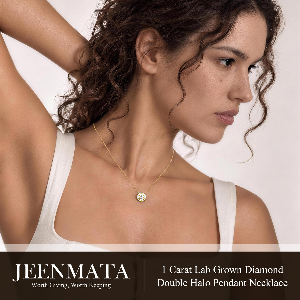 JeenMata Lab Grown Diamond 1 Carat Round Cut Double Halo Pendant Necklace in 18K Yellow Gold Plating for Women