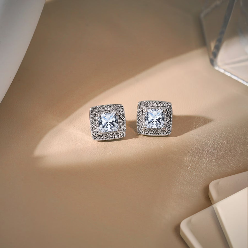 JeenMata 2 Carat Moissanite Princess Cut Stud Earring Classic Square Design - in 18K White Gold Plating for Women Earrings