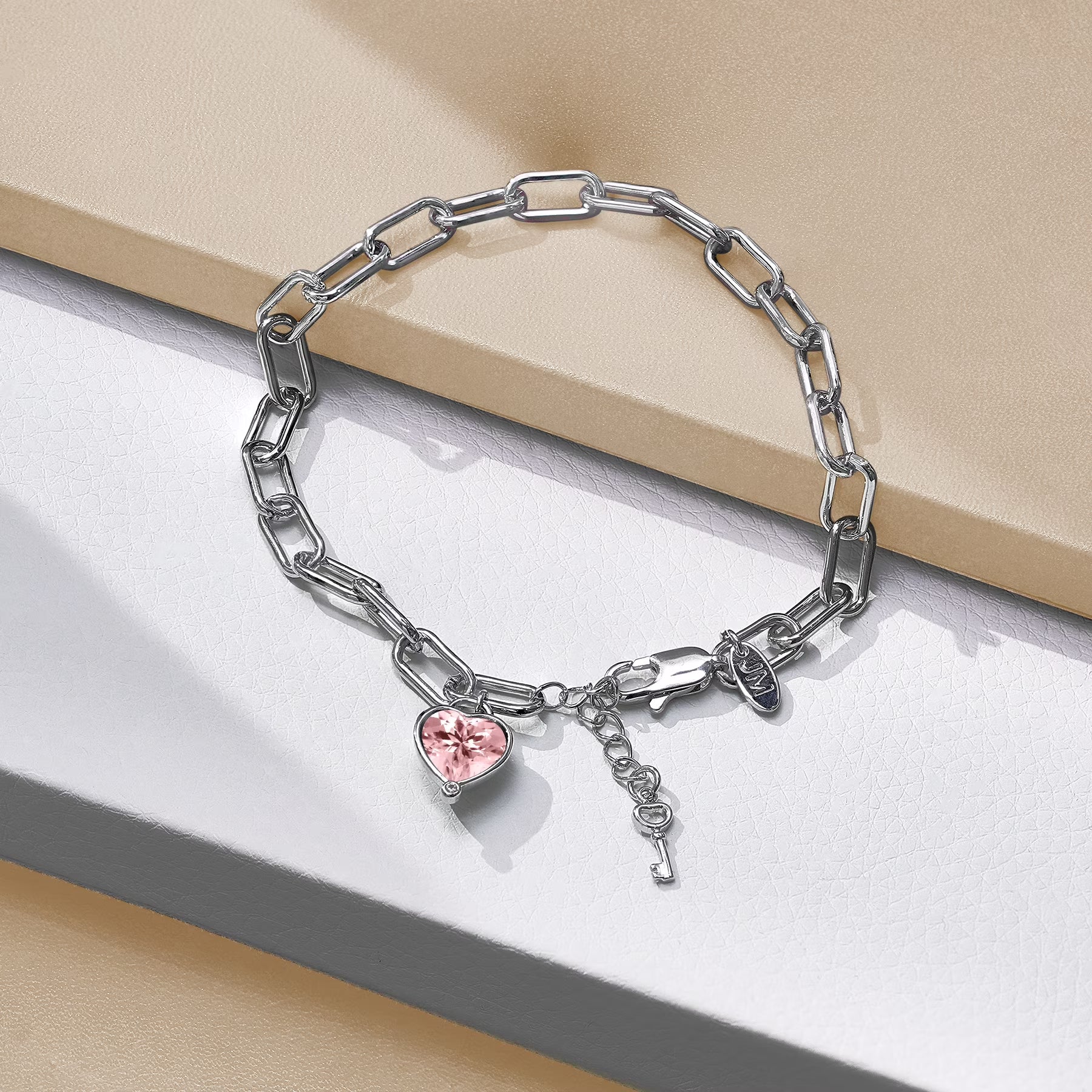 JeenMata 3 Carat October Heart & Key Charm Birthstone Bracelet - 18K White Gold Plating for Women
