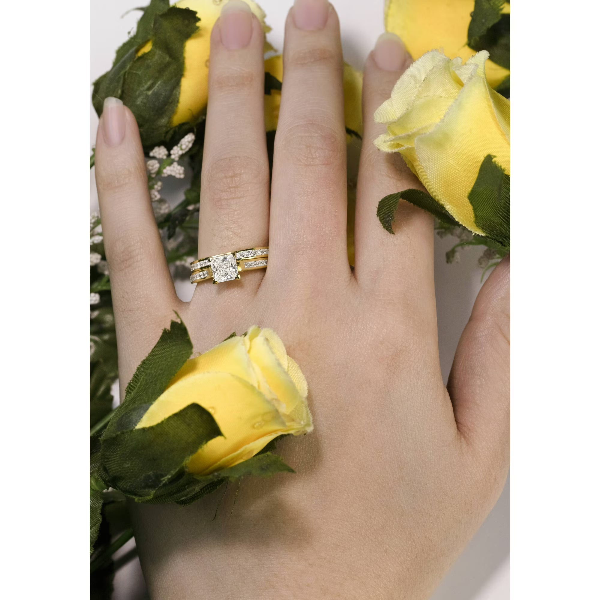 JeenMata 2 Carat Princess Cut Moissanite Wedding Set - Bridal Set - Channel Set Ring - Unique Ring - 18k Yellow Gold Over Silver