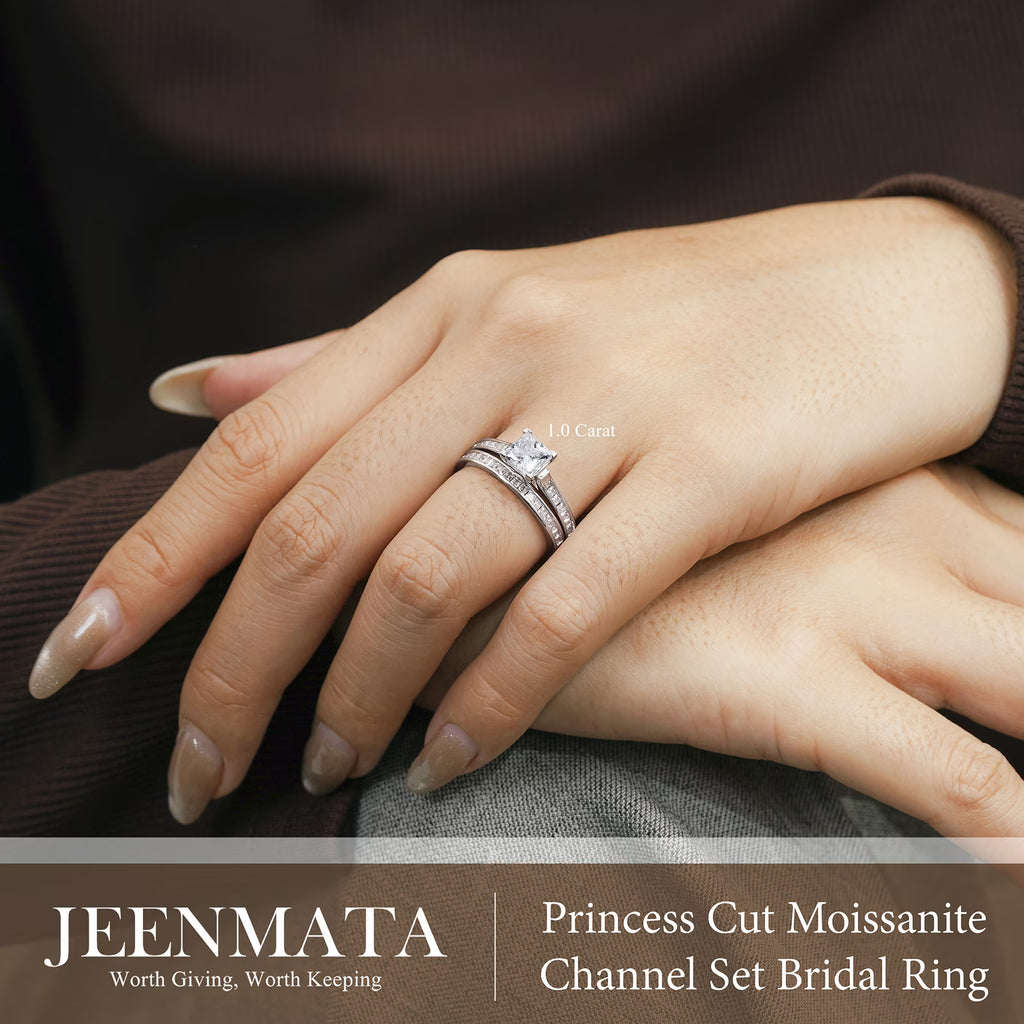 JeenMata 1 Carat Princess Cut Moissanite Wedding Set - Bridal Set - Engagement Ring - Channel Set Ring - Cluster Ring - 18k White Gold Plated for Women