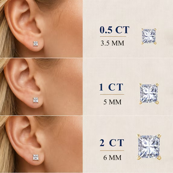 JeenMata 2 Carat Princess Solitaire Moissanite Stud Earrings for Women, Earrings for Men, 18K Yellow Gold Plated, Hypoallergenic Earrings, D VS1, Stud Earring for Woman, Jewelry, Gift, Earrings