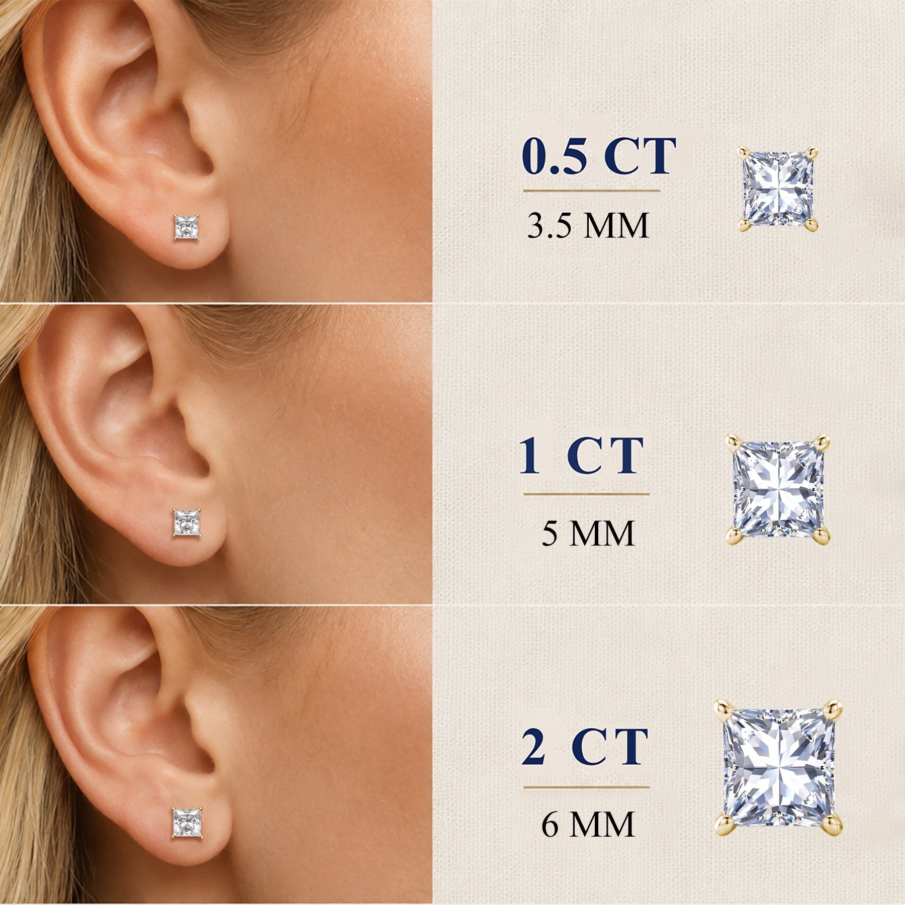 JeenMata 1 Carat Princess Solitaire Moissanite Stud Earrings for Women, Earrings for Men, 18K Yellow Gold Plated, Hypoallergenic Earrings, D VS1, Stud Earring for Woman, Jewelry, Gift, Earrings