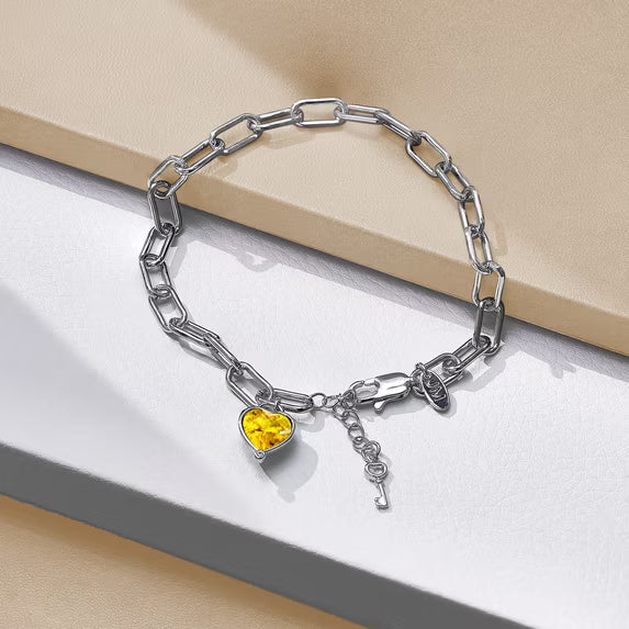 JeenMata 3 Carat November Heart & Key Charm Birthstone Bracelet - 18K White Gold Plating for Women