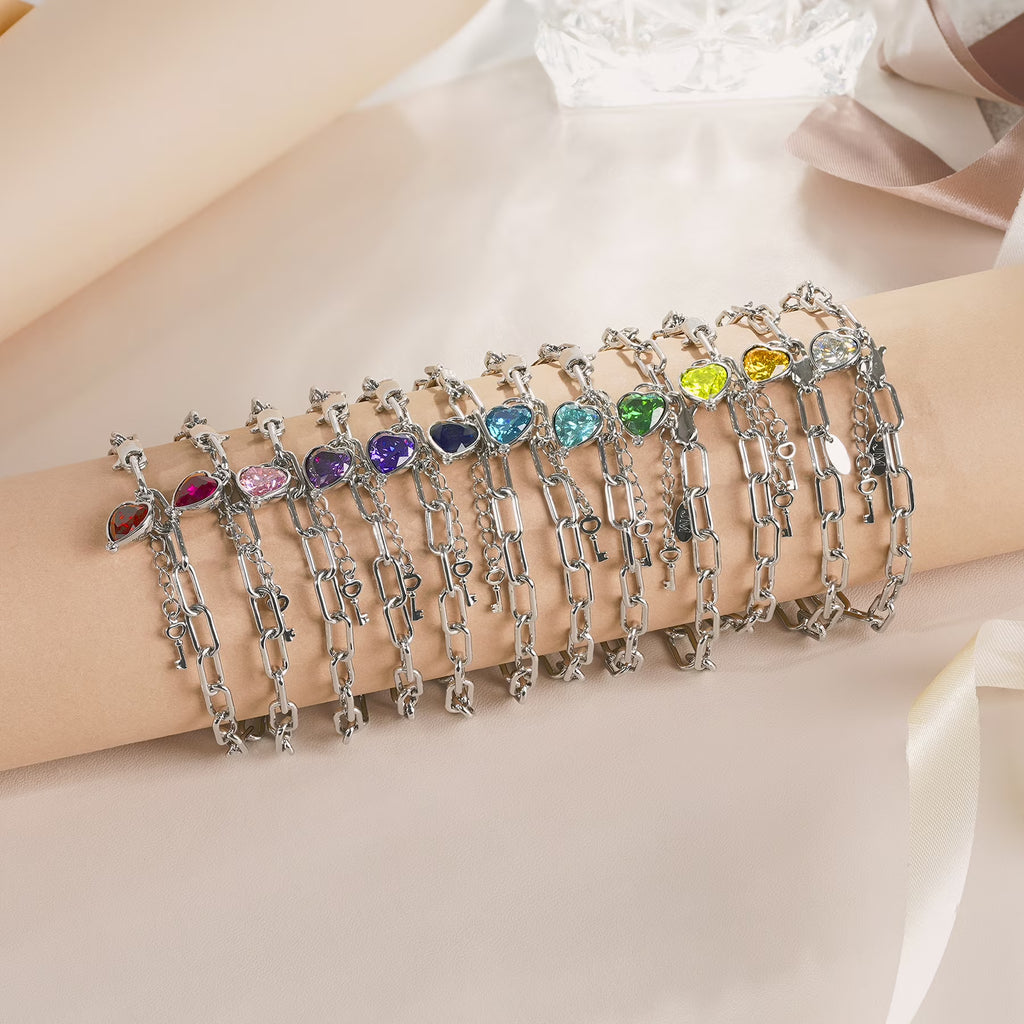 JeenMata 3 Carat April Heart & Key Charm Birthstone Bracelet - 18K White Gold Plating for Women