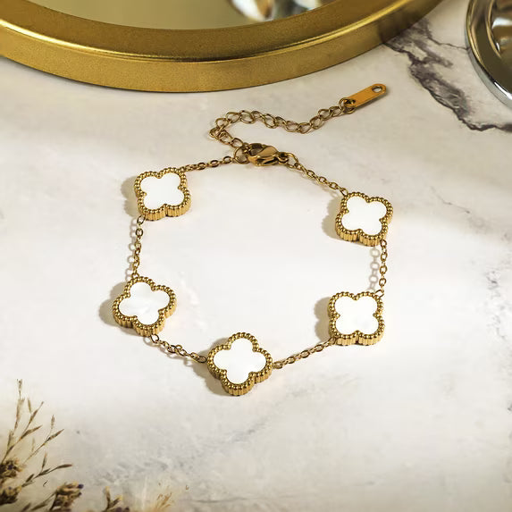 JeenMata White Flower Link Bracelet in Yellow Gold Plated