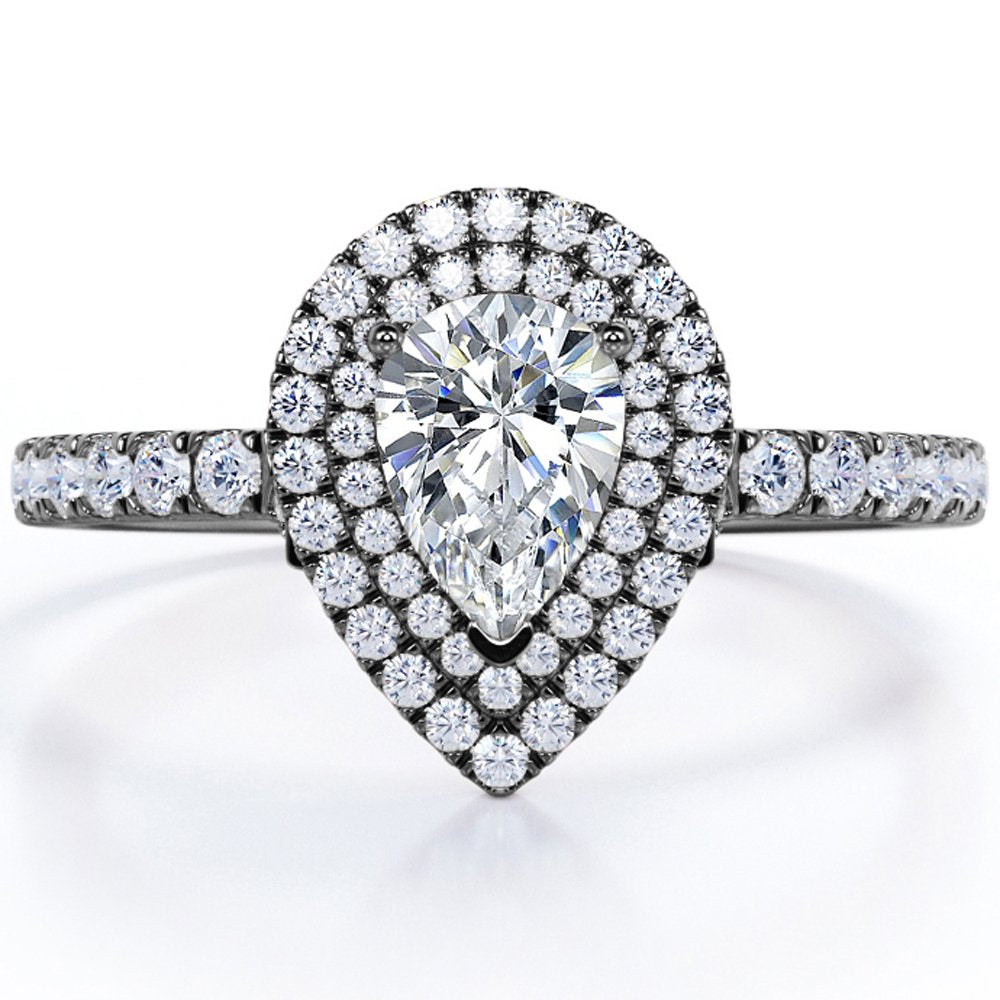 JeenMata Pave Style 1 Carat Pear-Shaped Moissanite Double Halo Cluster Engagement Ring in 18K Black Gold Plating for Women