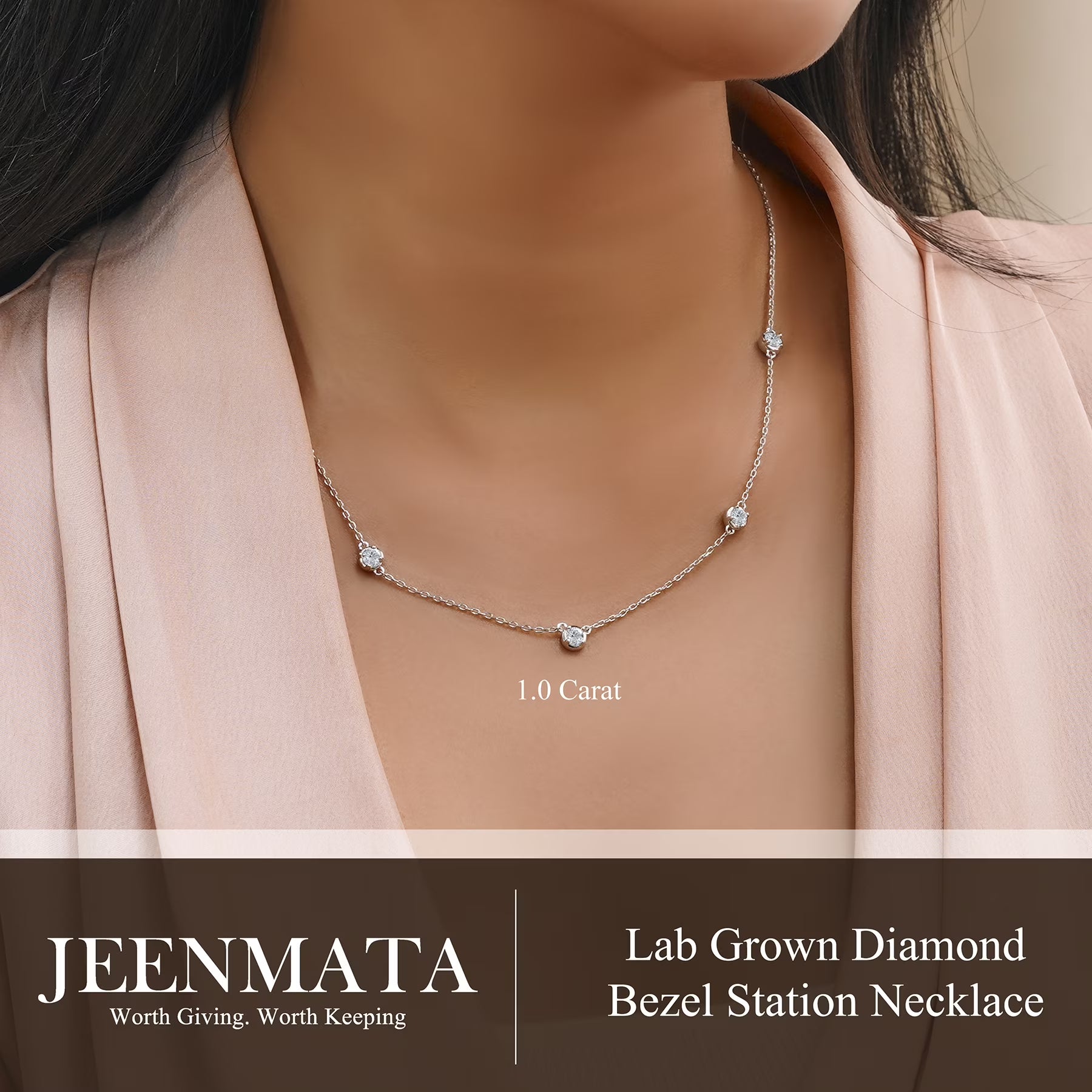 JeenMata 1 Carat Lab Grown Diamond Five Stone Bezel Station Necklaces - in 18K White Gold Plating Necklace for Women, Female, Adult