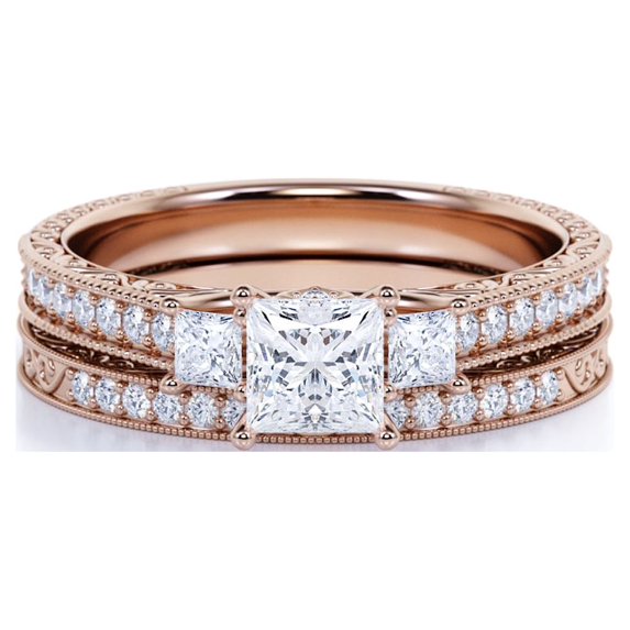 JeenMata 1.25 ct - Princess Cut Moissanite - Pave - Three Stone Ring - Victorian Style - Vintage Wedding Ring Set in 18K Rose Gold Plating for Women