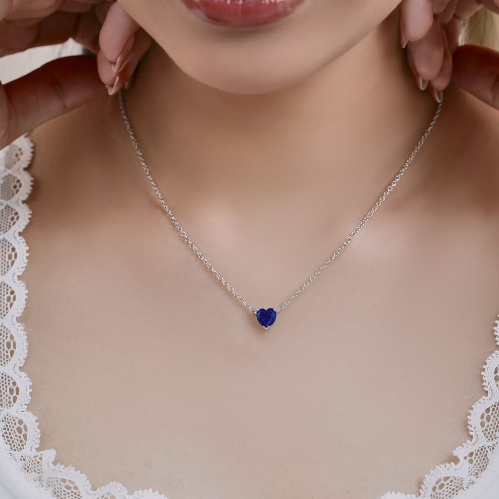 JeenMata Gorgeous 2 Carat Heart Cut - Royal Blue Sapphire - September Birthstone Pendant Necklace in 18K White Gold Plating for Women