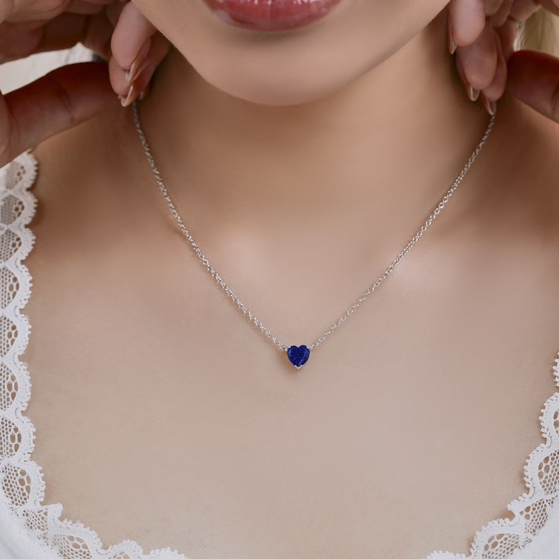 JeenMata Gorgeous 2 Carat Heart Cut - Royal Blue Sapphire - September Birthstone Pendant Necklace in 18K White Gold Plating for Women
