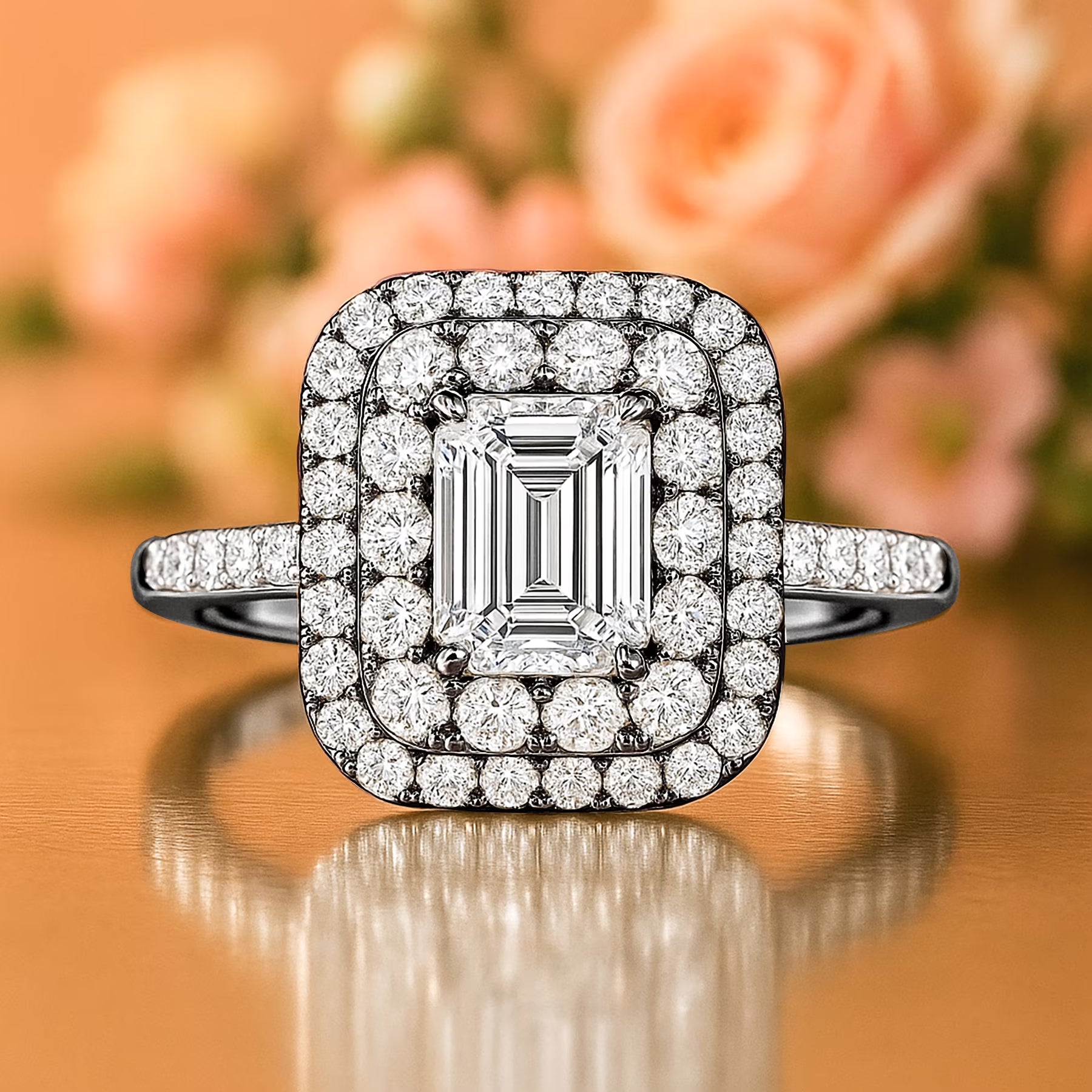 JeenMata 1.5 Carat Emerald Cut Moissanite Engagement Ring - Bridal Ring - Double Halo Ring - Cluster Ring - 18k Black Gold Plating for Women