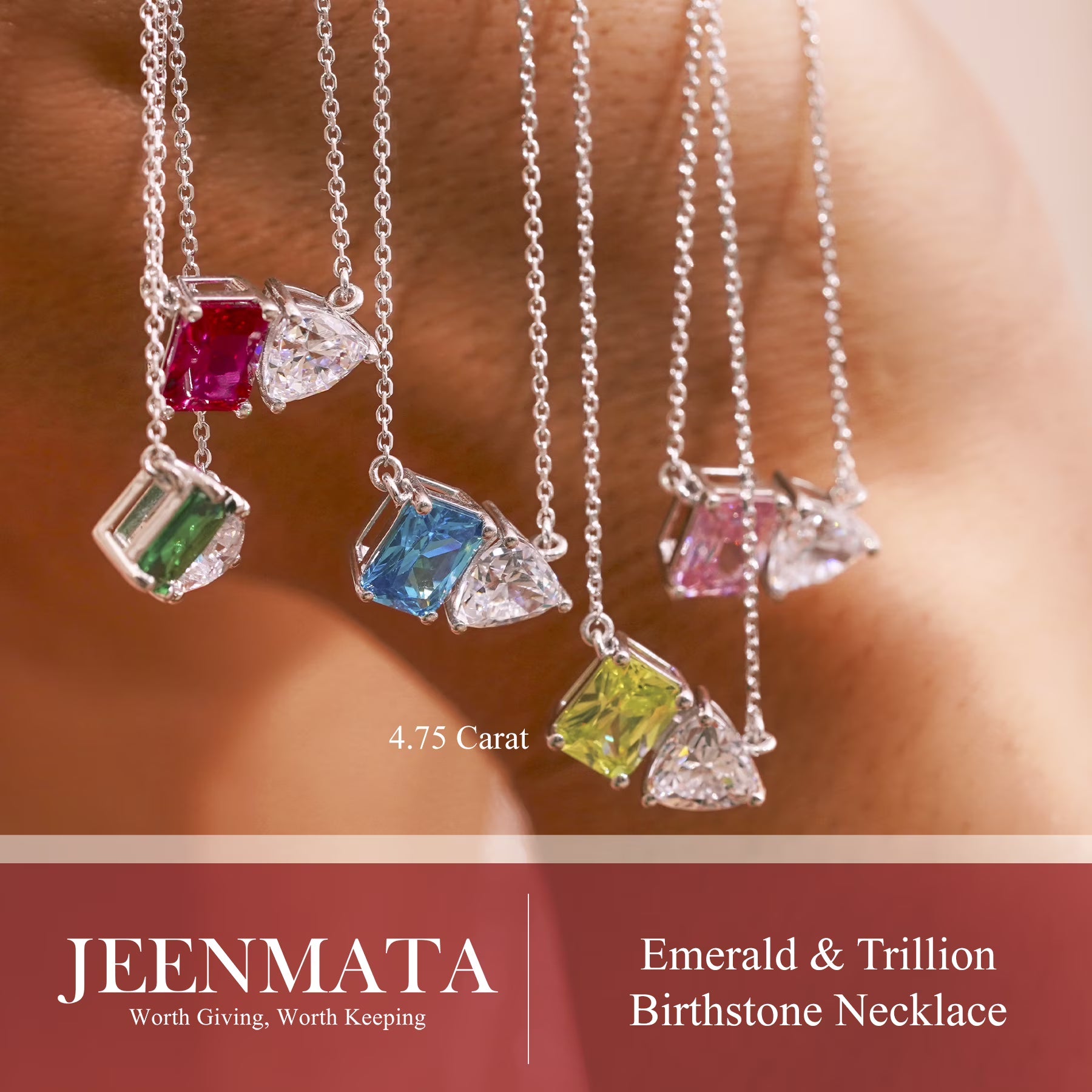 JeenMata 4.75 Carat Cubic Zirconia Two Stone Birthstone Necklaces - April Birthstone Emerald and Trillion Cut Pendant Necklace in 18K White Gold Plating Gift for Women
