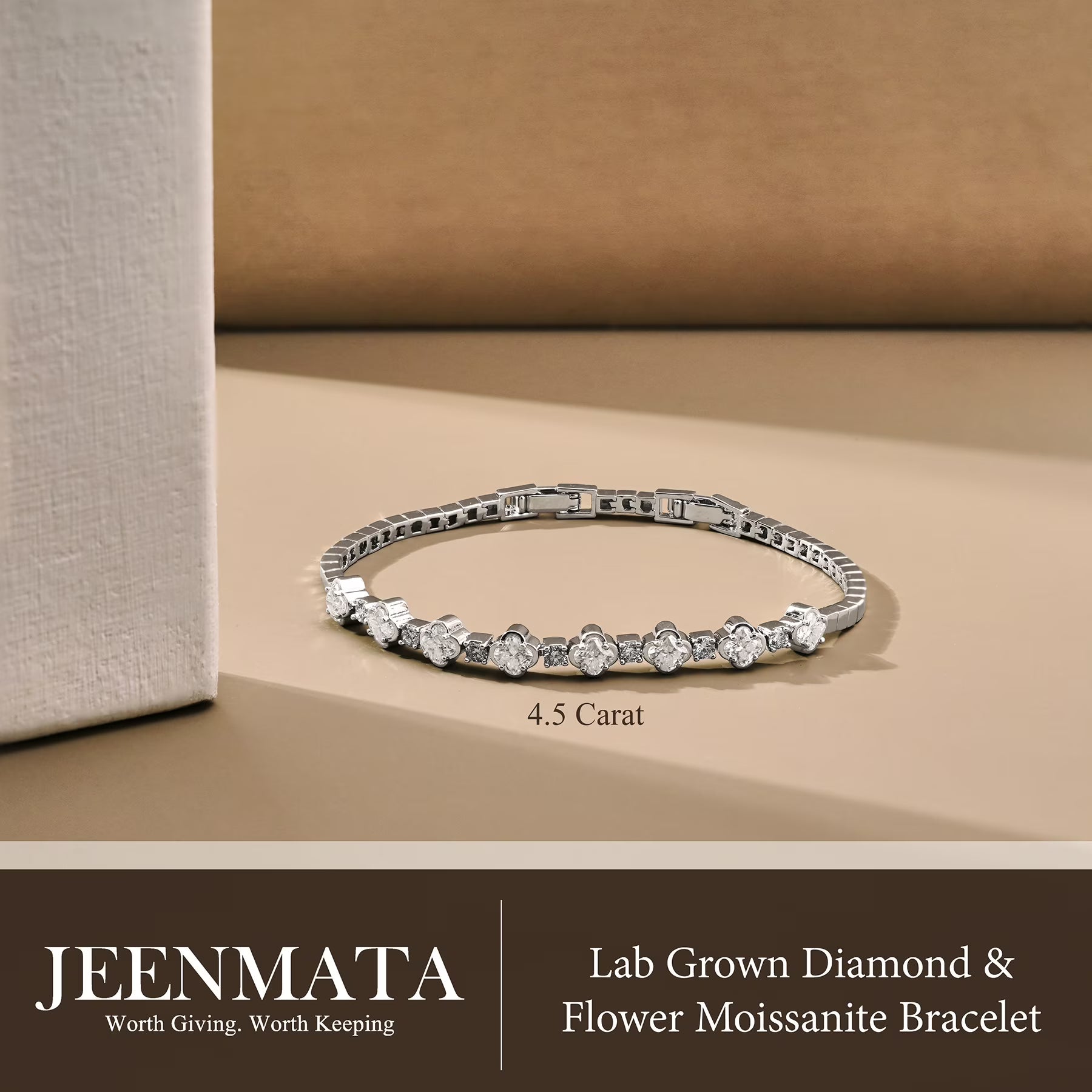 JeenMata 4.5 Carat Round Lab Grown Diamond & Flower Moissanite Bracelet - Feminine Floral Style in 18K White Gold Plating for Women