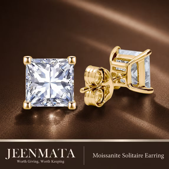 JeenMata 0.5 Carat Princess Solitaire Moissanite Stud Earrings for Women, Earrings for Men, 18K Yellow Gold Plated, Hypoallergenic Earrings, D VS1, Stud Earring for Woman, Jewelry, Gift, Earrings
