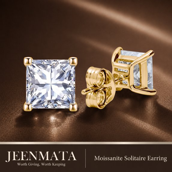 JeenMata 2 Carat Princess Solitaire Moissanite Stud Earrings for Women, Earrings for Men, 18K Yellow Gold Plated, Hypoallergenic Earrings, D VS1, Stud Earring for Woman, Jewelry, Gift, Earrings