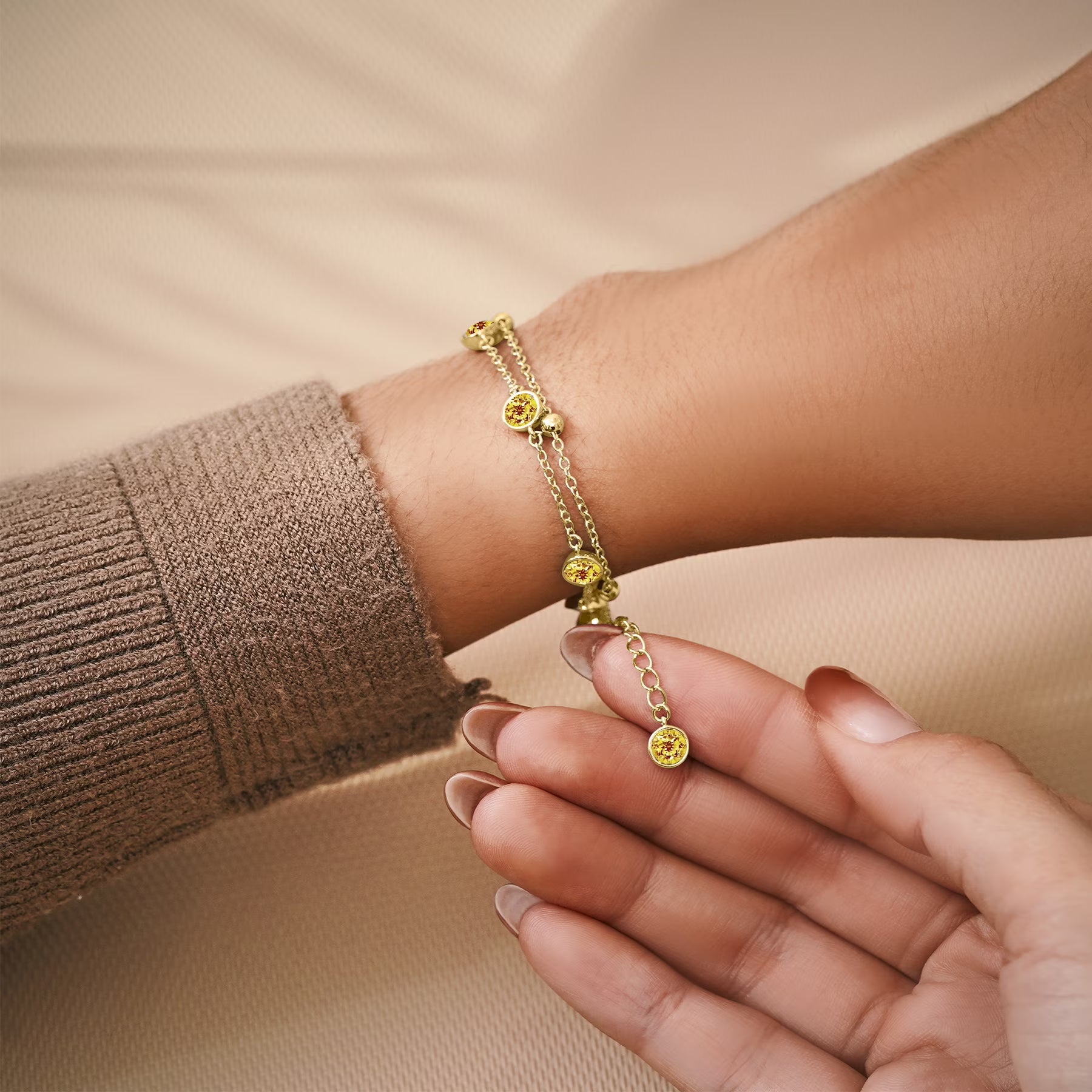 JeenMata 3.5 Carat November Citrine Birthstone Double Layer Bracelet - in Yellow Gold Plating for Women
