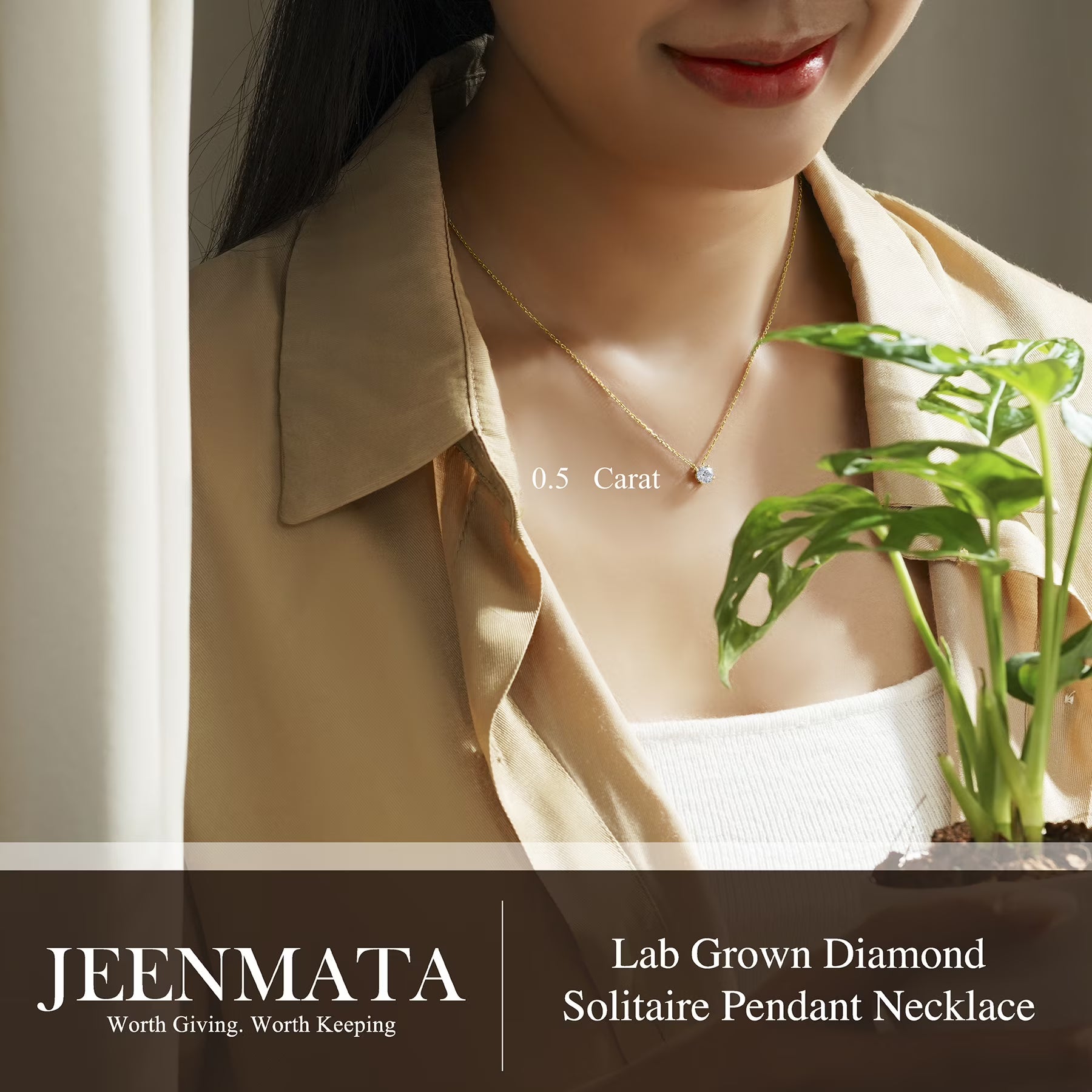 JeenMata Lab Grown Diamond 0.50 Carat Round Cut Classic Solitaire Pendant Necklace - in 18K Yellow Gold Plating for Women