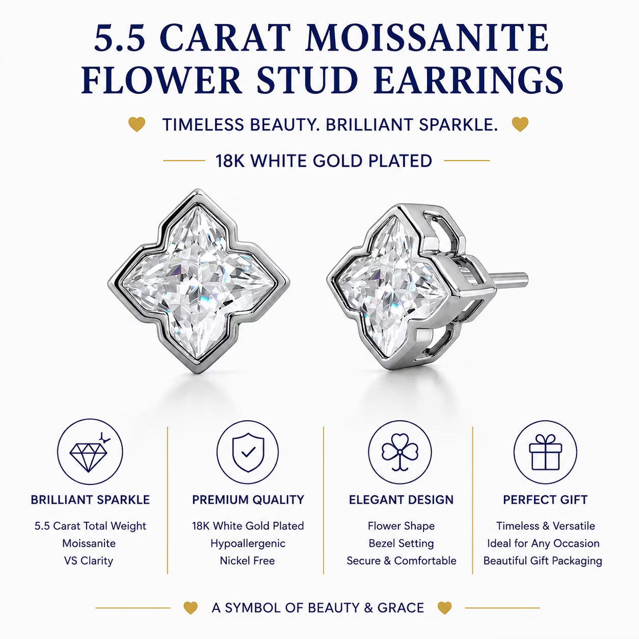 JeenMata 5.5 Carat Moissanite Flower Stud Earrings - 18K White Gold Plating for Women