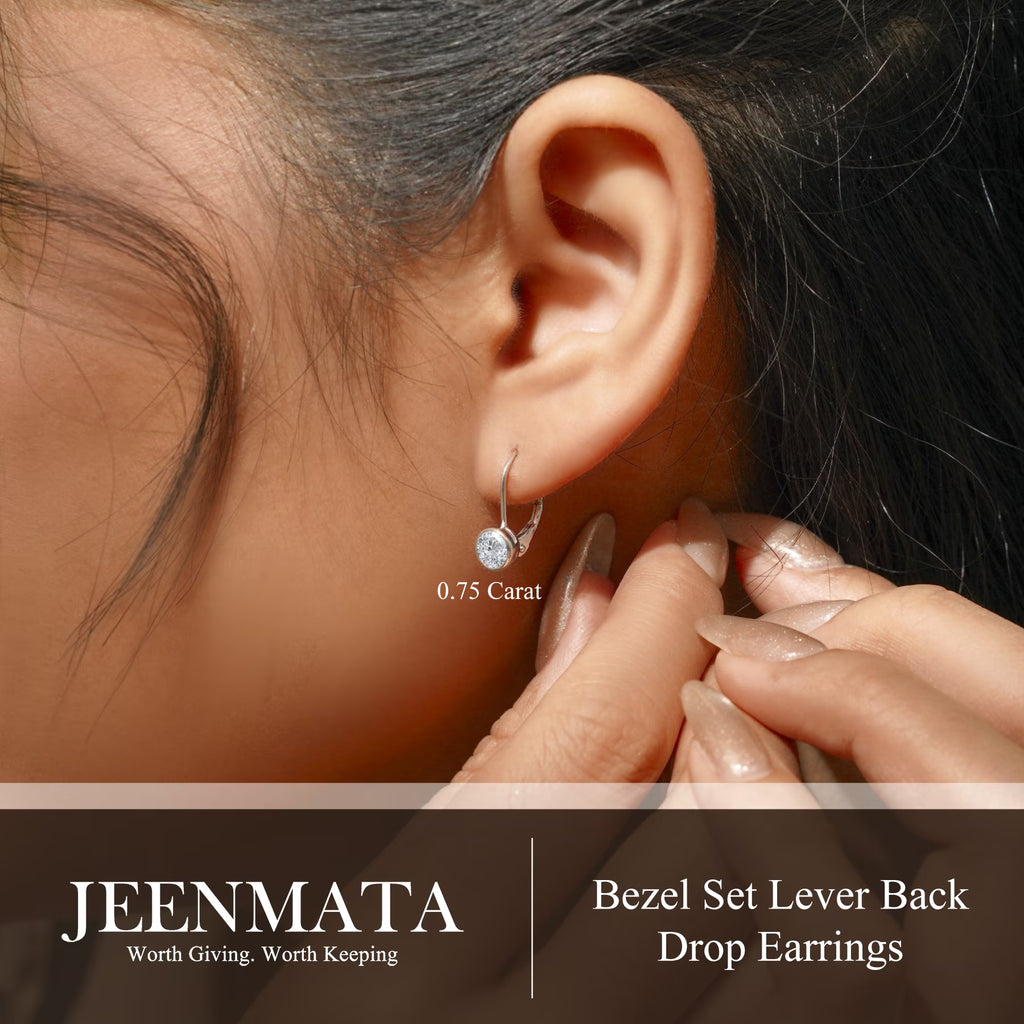 JeenMaJeenMata 0.75 Carat Lab Grown Diamond Bezel Set Leverback Drop Earring - in 18K White Gold Plating Earrings for Women, Gift for Girlfriend, Mother, Herta 0.75 Carat Lab Grown Diamond Bezel Set Leverback Drop Earrings 18K White Gold Plating for Women