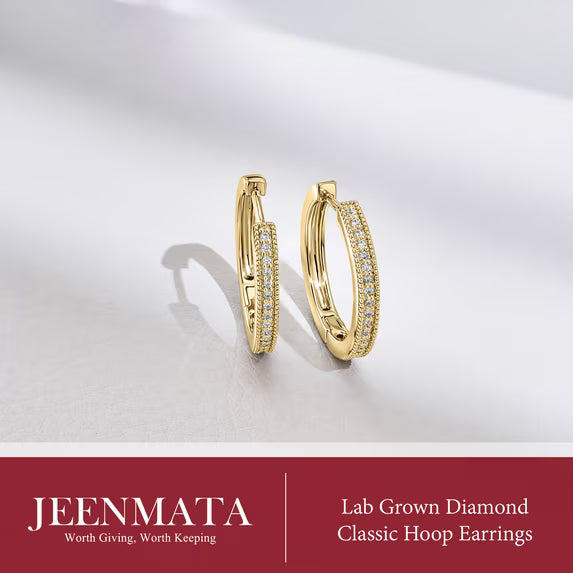 JeenMata Lab Grown Diamond Hoop Earrings - Round Cut Classic Earrings in Yellow Gold Plating for Women