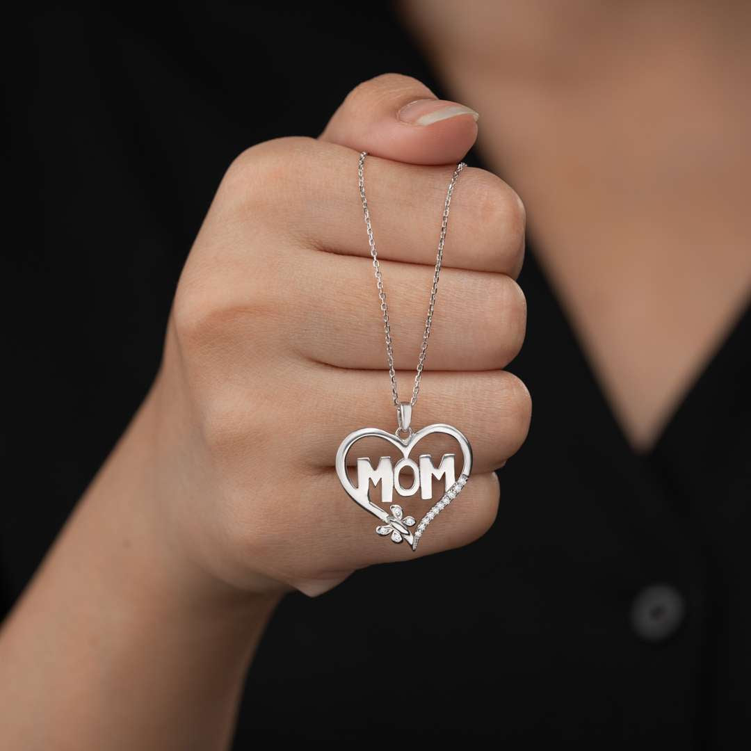 JeenMata Heart and Butterfly Mom Diamond Pendant Necklace in 18K White Gold over Silver